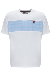 White t-shirt with a blue grid pattern and Fila logo on a white background
