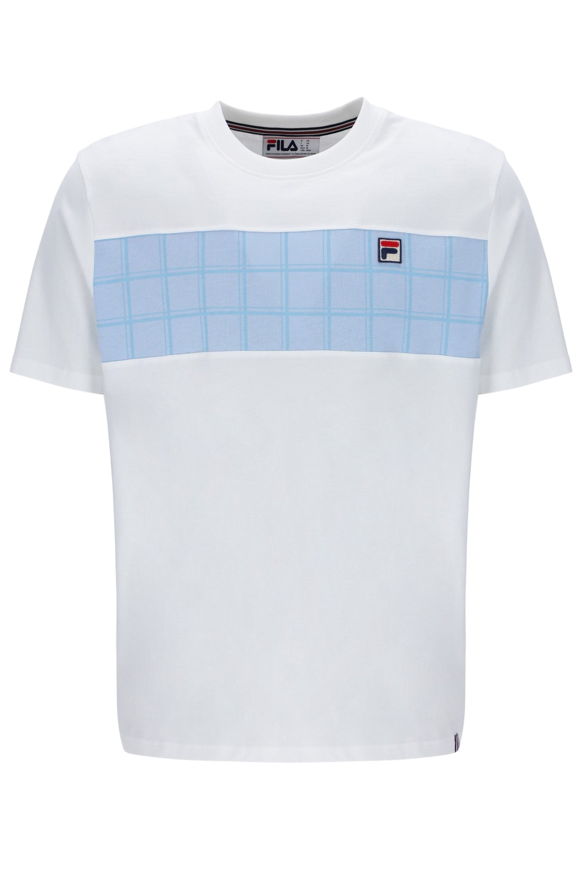 White t-shirt with a blue grid pattern and Fila logo on a white background