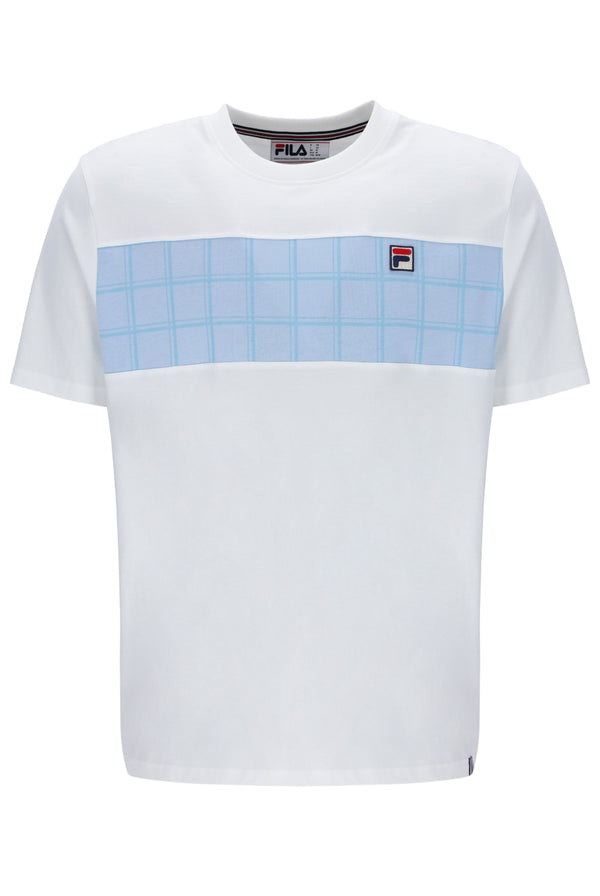 White t-shirt with a blue grid pattern and Fila logo on a white background