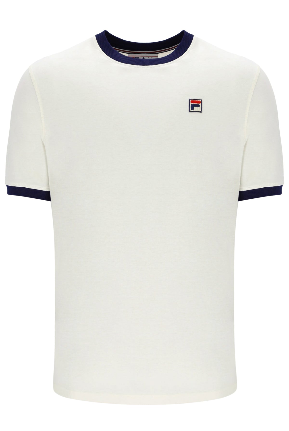 White t-shirt with navy accents and a small FILA logo on the chest on a white background