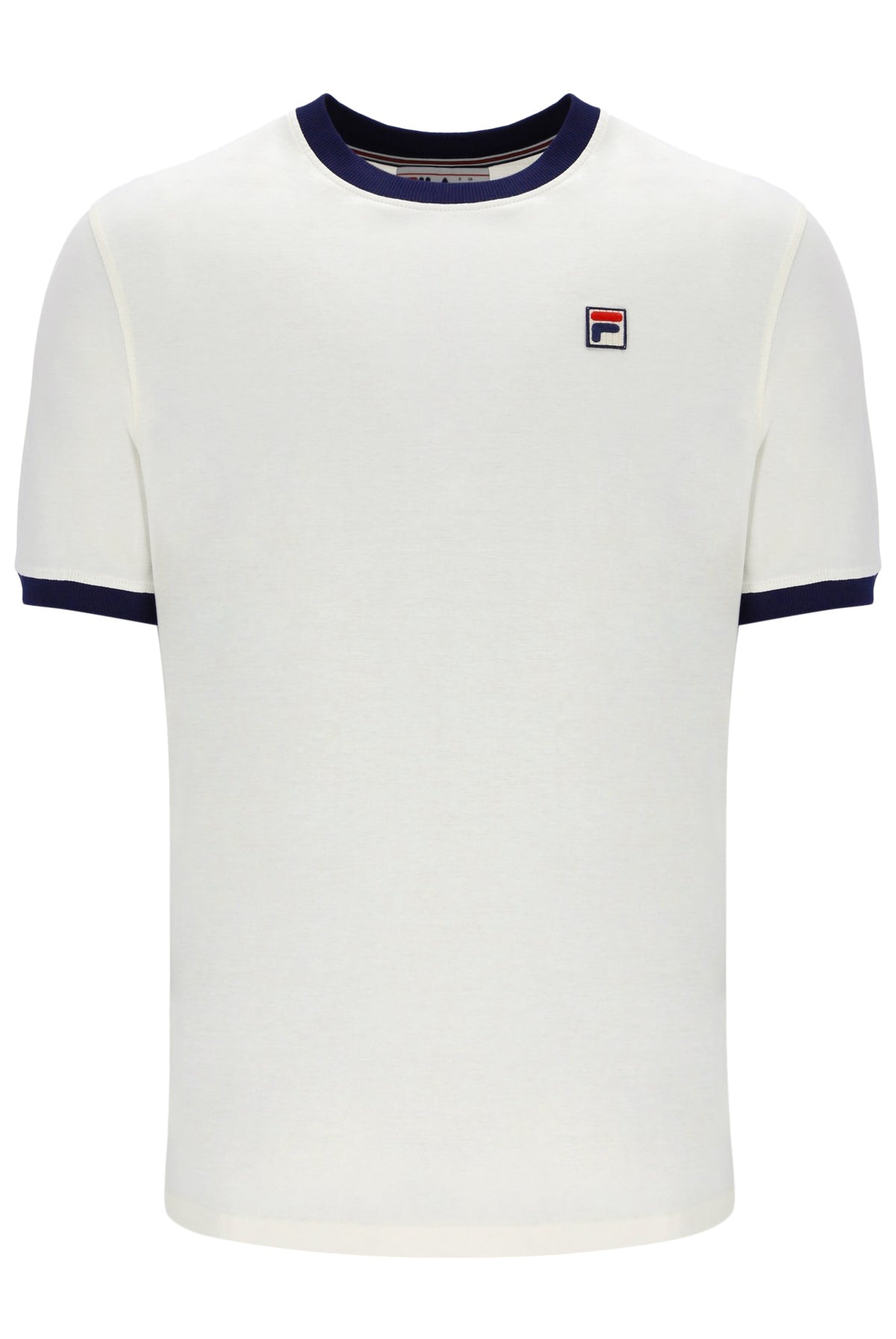 A white and navy ringer t-shirt with the FILA logo on the chest.