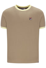 A beige short-sleeve ringer t-shirt by FILA, featuring light yellow-green contrast trim on the crew neck and sleeve cuffs, with the brand's small logo patch on the left chest.