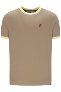 A beige short-sleeve ringer t-shirt by FILA, featuring light yellow-green contrast trim on the crew neck and sleeve cuffs, with the brand's small logo patch on the left chest.