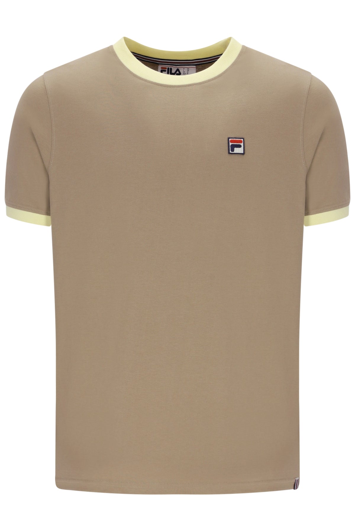 A beige short-sleeve ringer t-shirt by FILA, featuring light yellow-green contrast trim on the crew neck and sleeve cuffs, with the brand's small logo patch on the left chest.