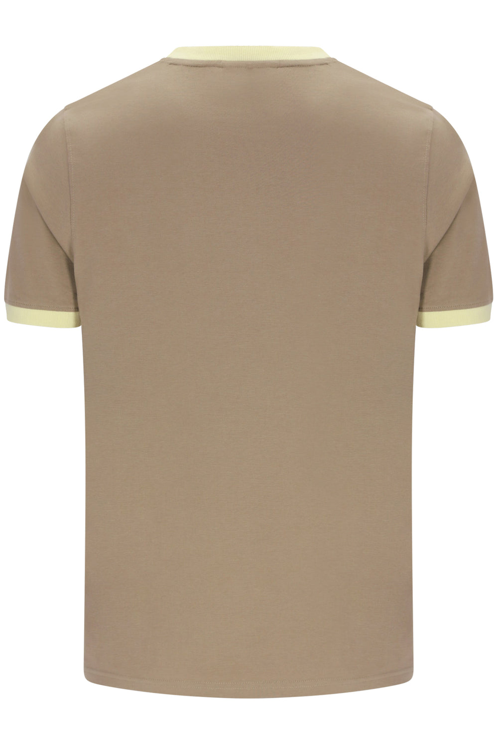 A short-sleeve ringer t-shirt shown from the back, featuring a solid taupe-brown body with contrasting light cream ribbed trim on the collar and sleeve cuffs.