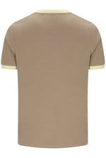 A short-sleeve ringer t-shirt shown from the back, featuring a solid taupe-brown body with contrasting light cream ribbed trim on the collar and sleeve cuffs.