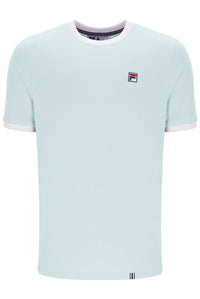 Light blue t-shirt with white trim on a white background