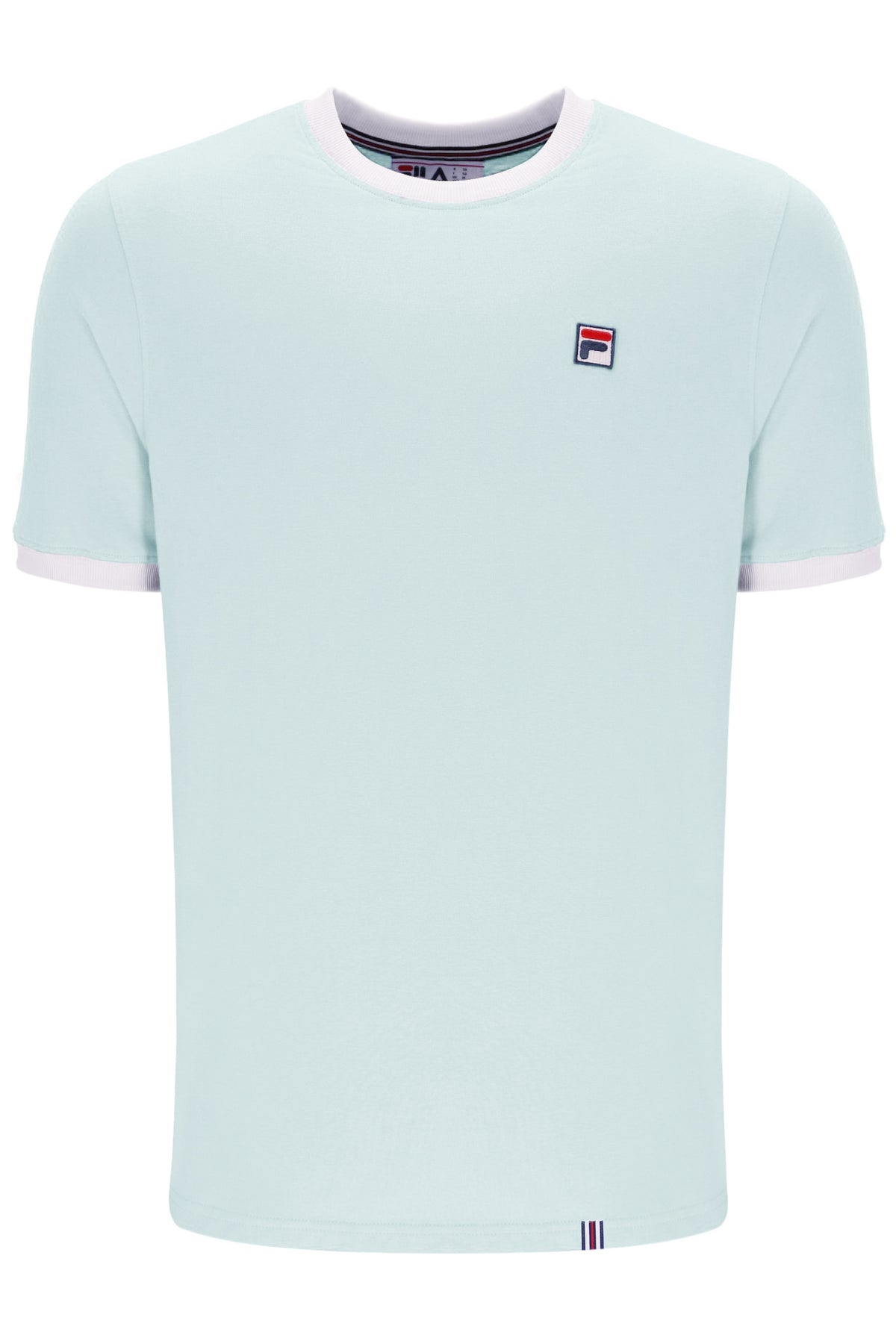 Light blue t-shirt with white trim on a white background