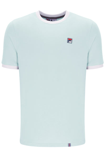 Light blue t-shirt with white trim on a white background