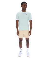 Man wearing a light green t-shirt and beige shorts on a white background