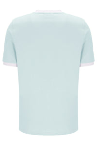 Light blue t-shirt with white trim on a white background
