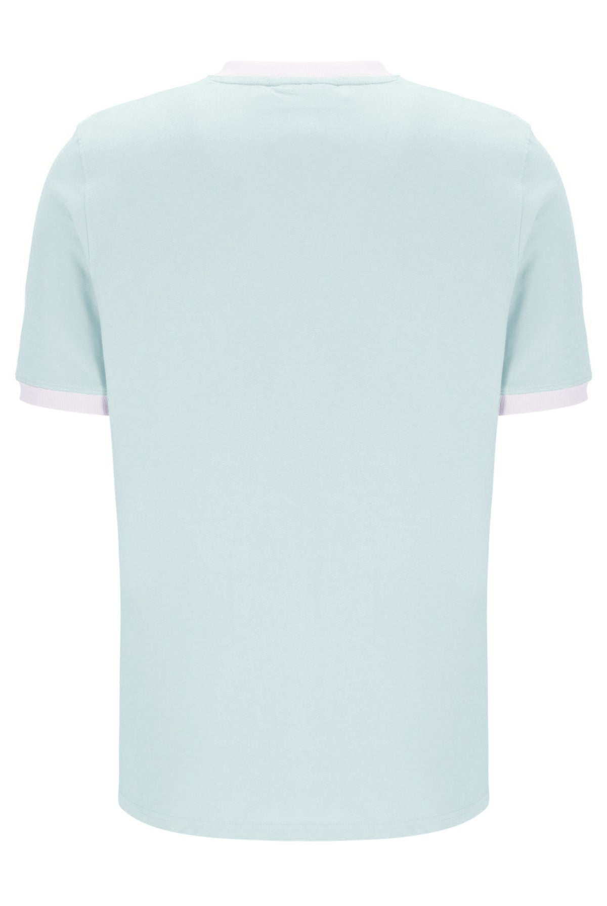 Light blue t-shirt with white trim on a white background