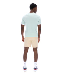 Man wearing a light green t-shirt and beige shorts on a white background