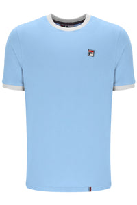 Light blue t-shirt with white trim on a white background