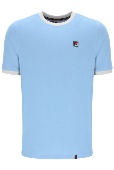 Light blue t-shirt with white trim on a white background