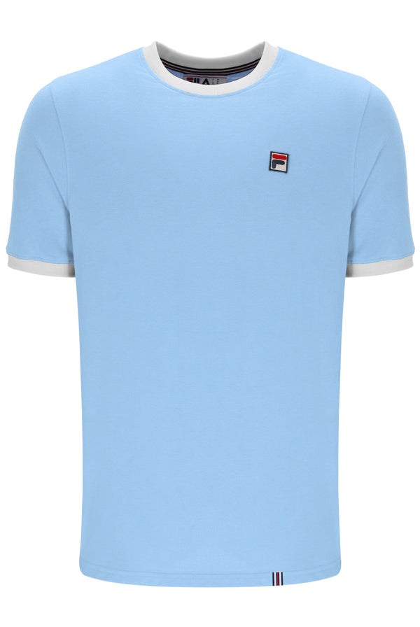 Light blue t-shirt with white trim on a white background