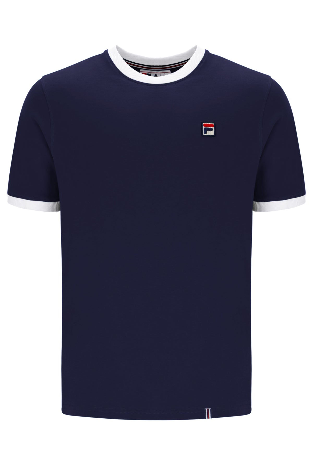 Navy blue t-shirt with white trim and a small FILA logo on a white background