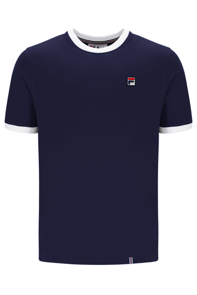 Navy blue t-shirt with white trim and a small FILA logo on a white background