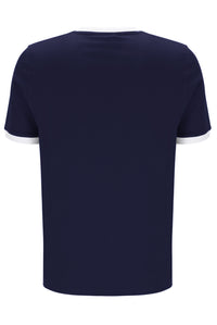 Navy blue t-shirt with white trim on a white background