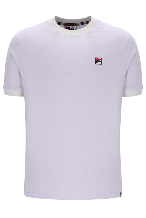 Displays the Misty Lilac 'FILA' branding Marconi Essential Ringer T-Shirt