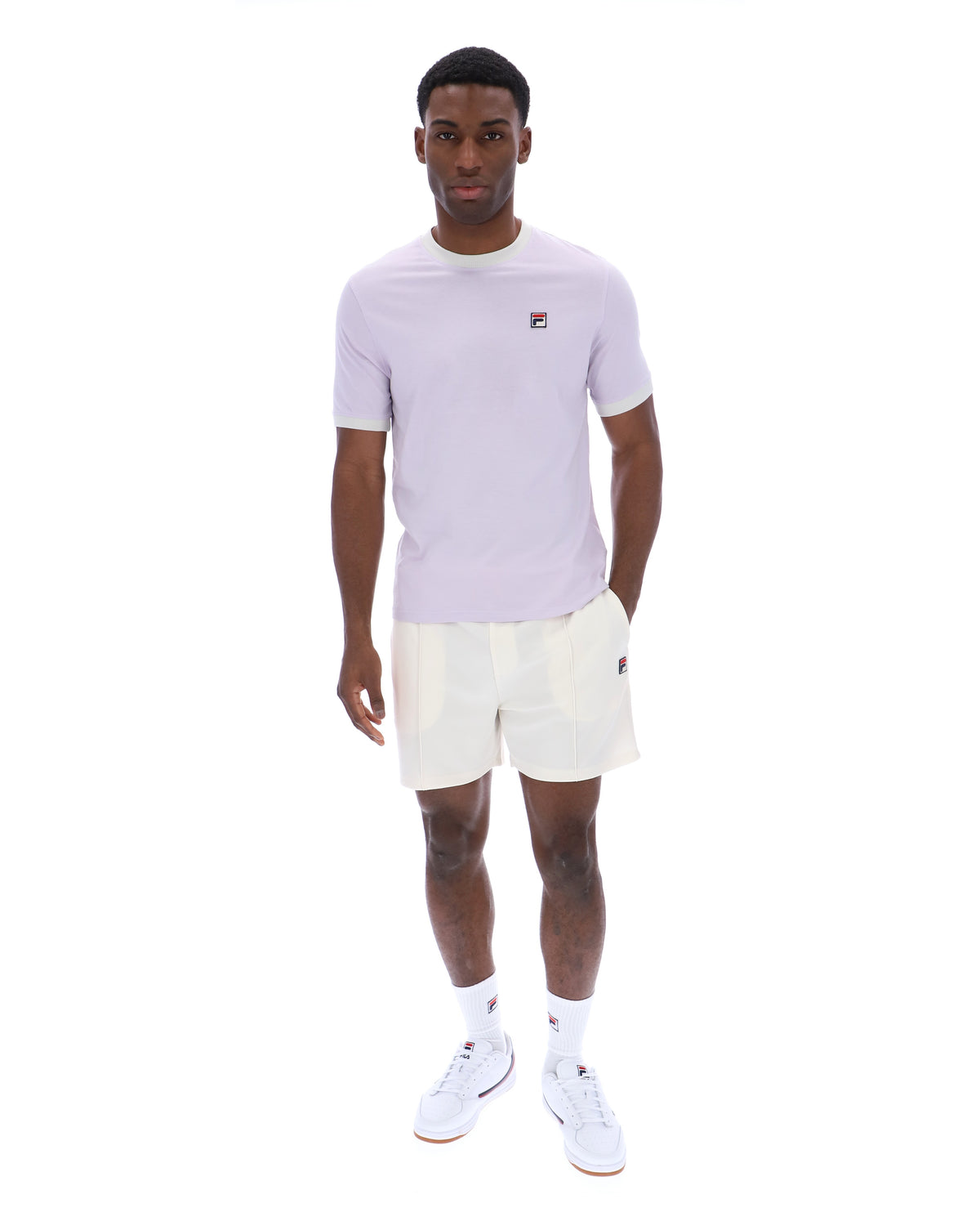 Displays a model wearing the Misty Lilac 'FILA' branding Marconi Essential Ringer T-Shirt
