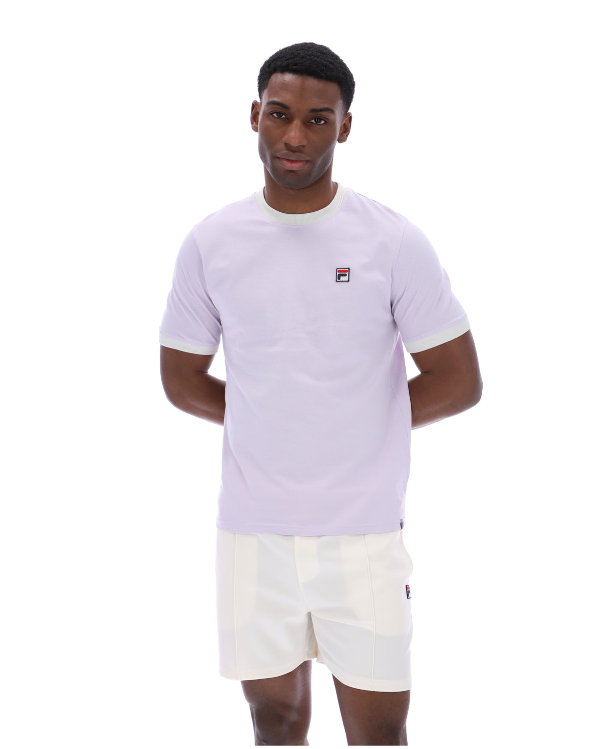 Displays a model wearing the Misty Lilac 'FILA' branding Marconi Essential Ringer T-Shirt