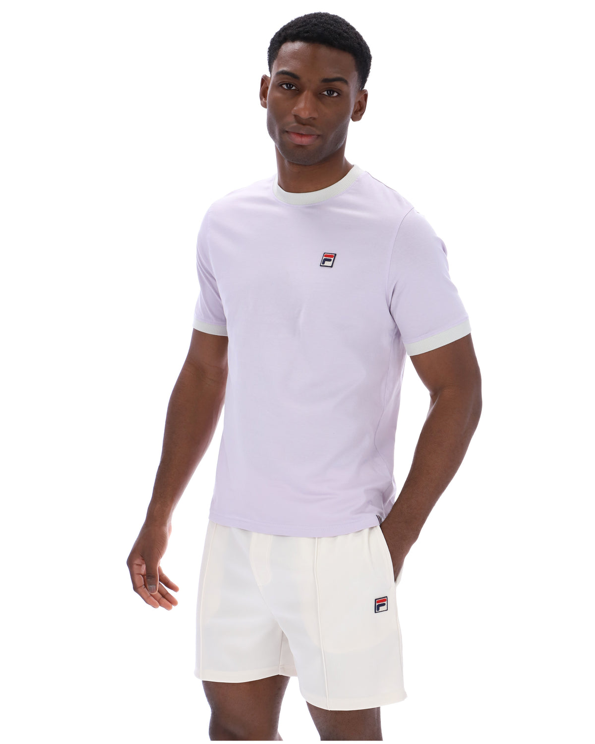 Displays a model wearing the Misty Lilac 'FILA' branding Marconi Essential Ringer T-Shirt