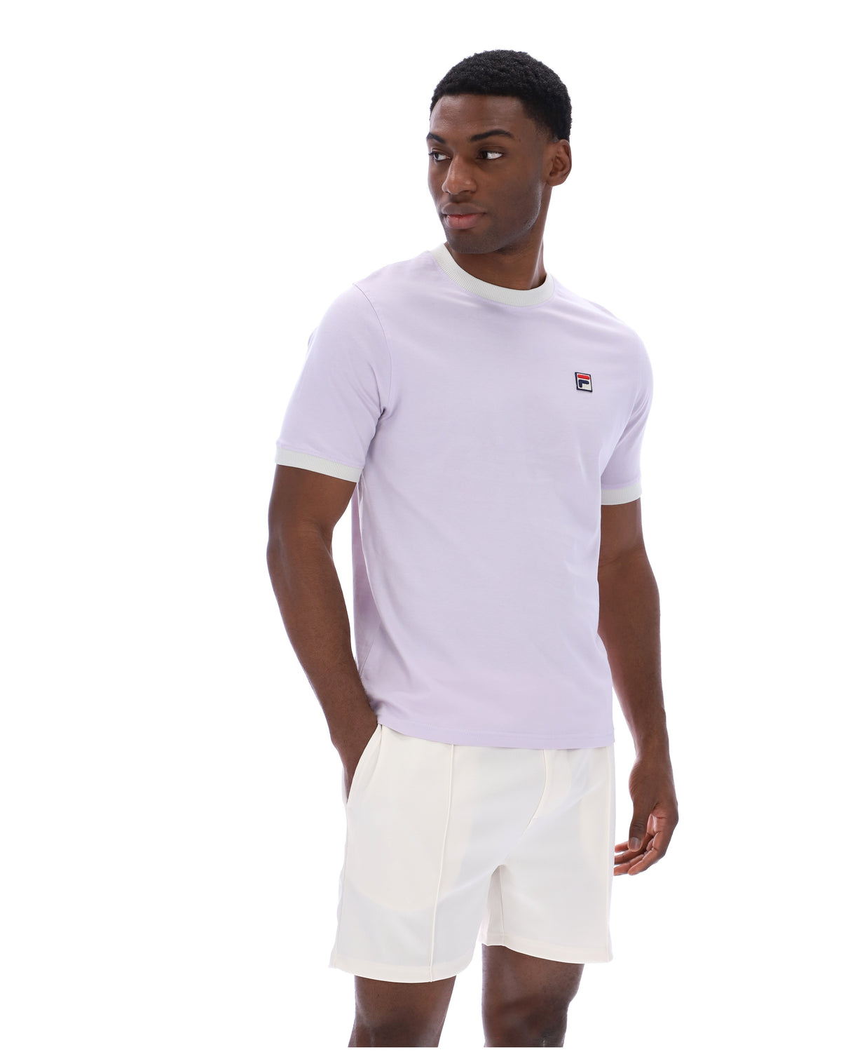 Displays a model wearing the Misty Lilac 'FILA' branding Marconi Essential Ringer T-Shirt