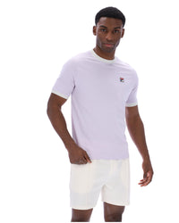 Displays a model wearing the Misty Lilac 'FILA' branding Marconi Essential Ringer T-Shirt
