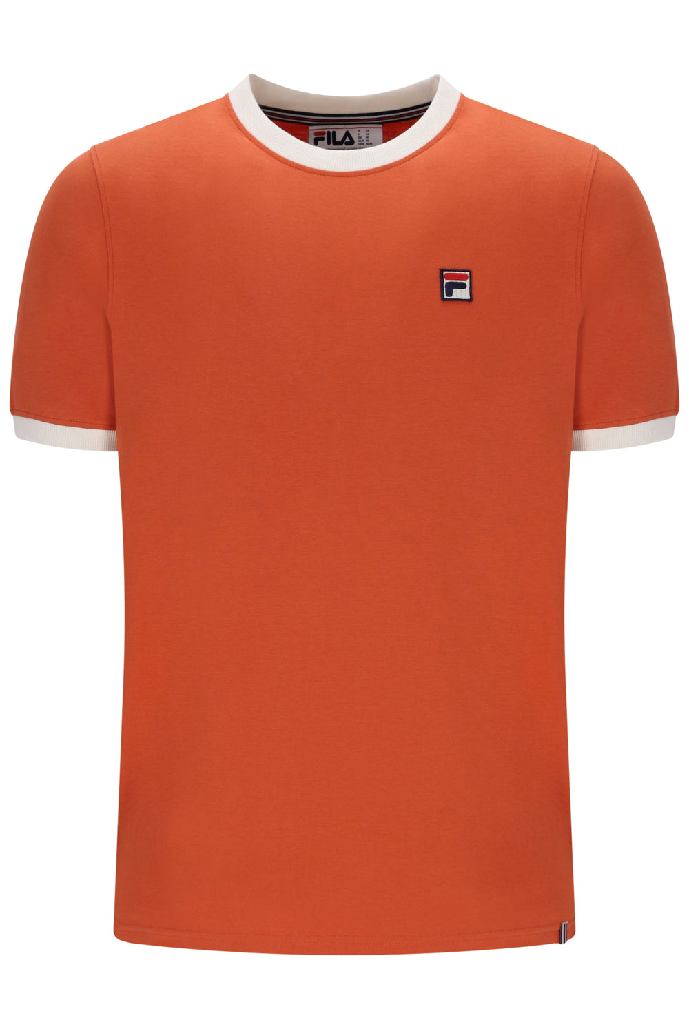 Displays a Burnt Ochre and Gardenia 'FILA' branded Marconi Essential Ringer T-Shirt