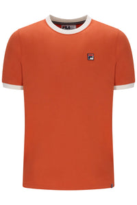 Displays a Burnt Ochre and Gardenia 'FILA' branded Marconi Essential Ringer T-Shirt