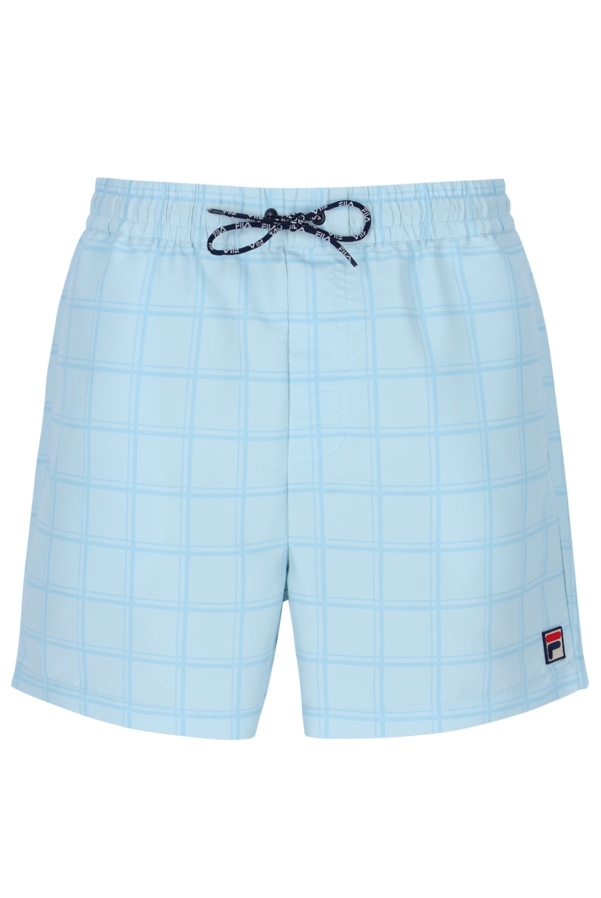 Light blue checkered shorts with a drawstring on a white background