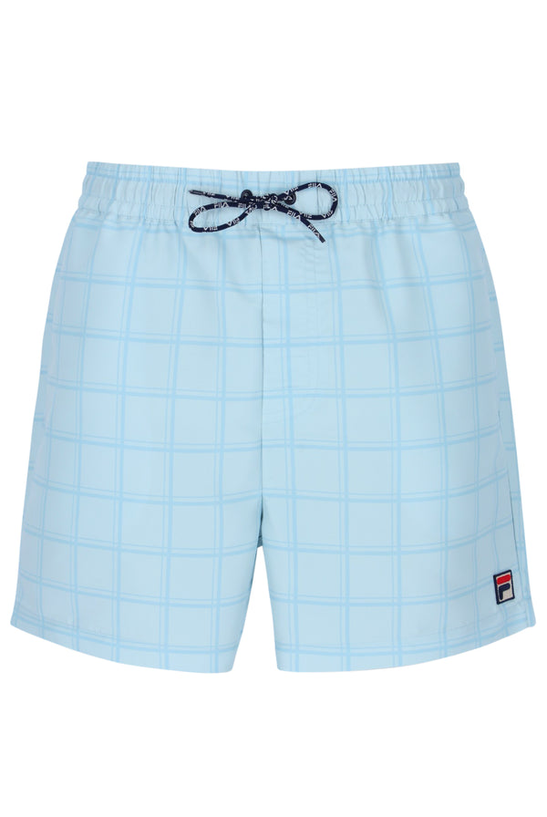 Light blue checkered shorts with a drawstring on a white background