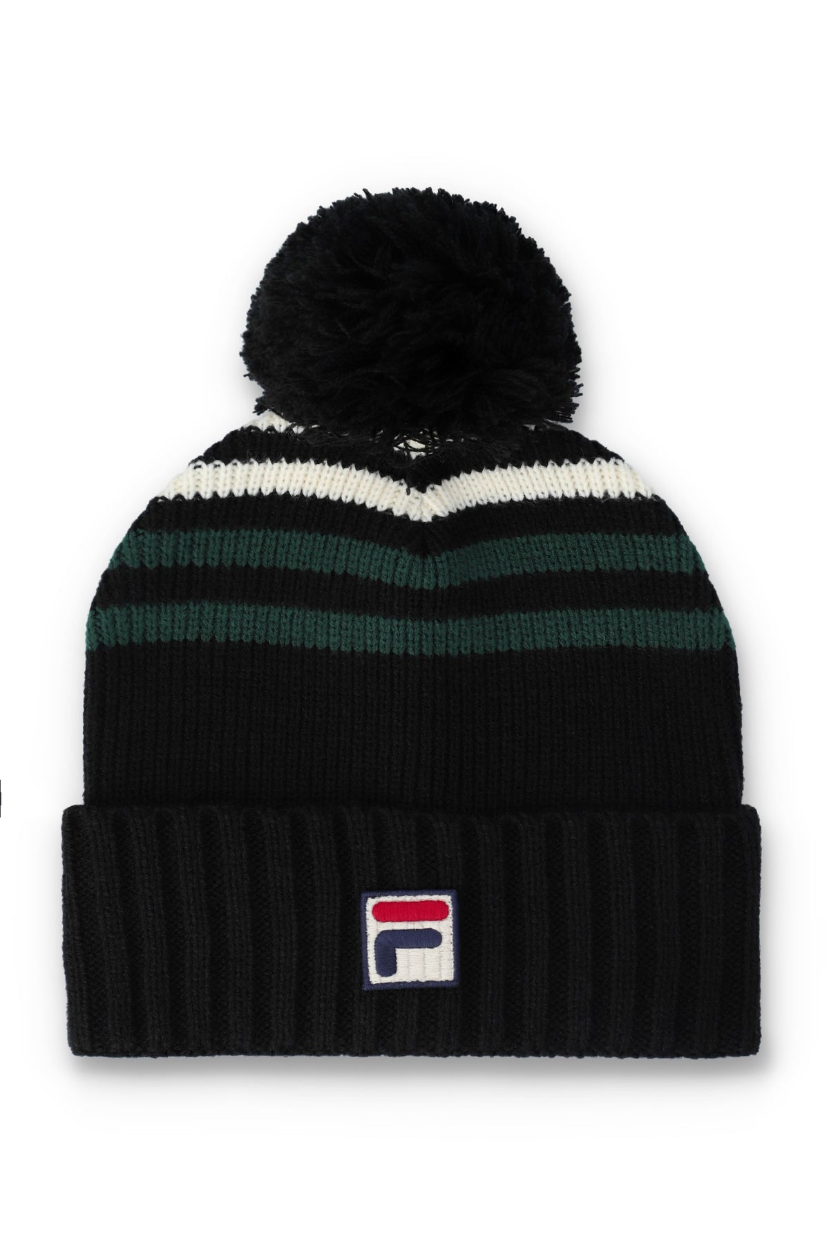 A black knit pom-pom beanie with horizontal stripes in white and dark green, featuring a small embroidered Fila logo on the front cuff.