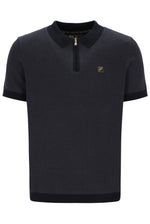 Black textured polo shirt with a brand logo on a white background