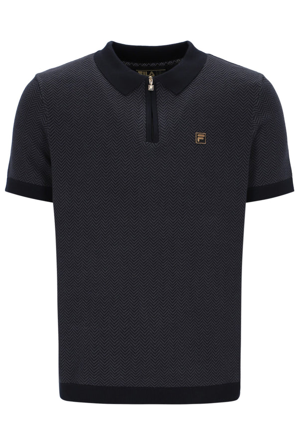 Black textured polo shirt with a brand logo on a white background