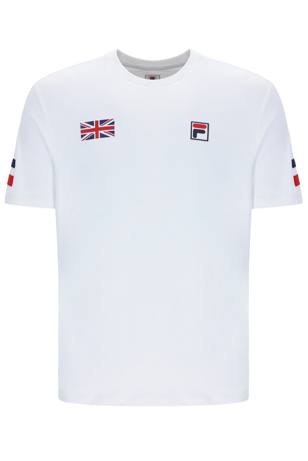 White tennis t-shirt with cap sleeves, featuring the FILA logo and a Union Jack flag patch on the chest.
