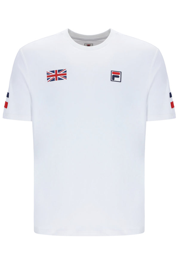 White tennis t-shirt with cap sleeves, featuring the FILA logo and a Union Jack flag patch on the chest.