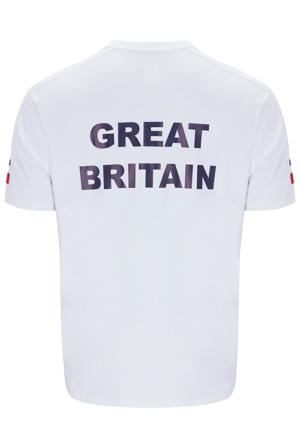 White tennis t-shirt with cap sleeves, featuring the FILA logo and a Union Jack flag patch on the chest.