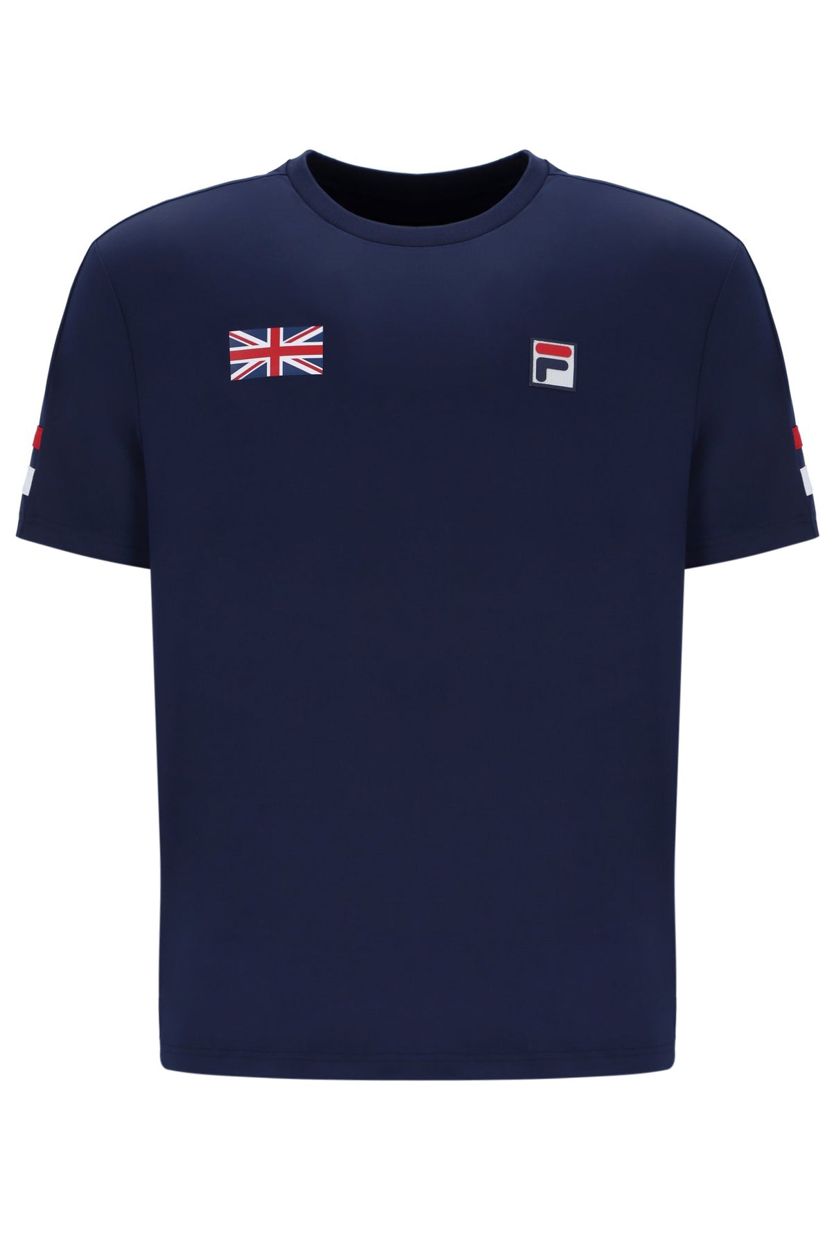 A navy blue tennis t-shirt with the FILA logo and a British flag motif on the chest.