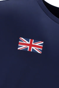 A navy blue tennis t-shirt with the FILA logo and a British flag motif on the chest.