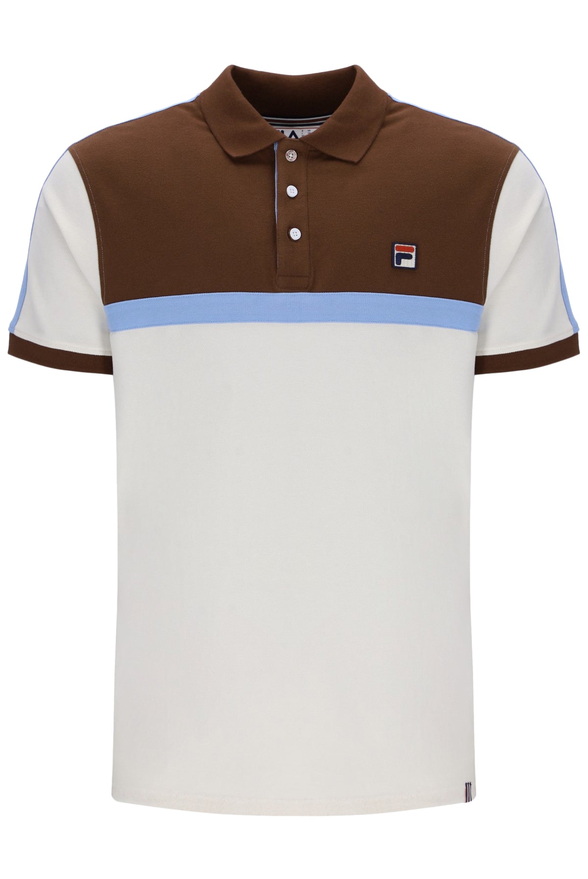 Displays the Gardenia Mattia 'FILA' branded Contrast Panel Polo Shirt
