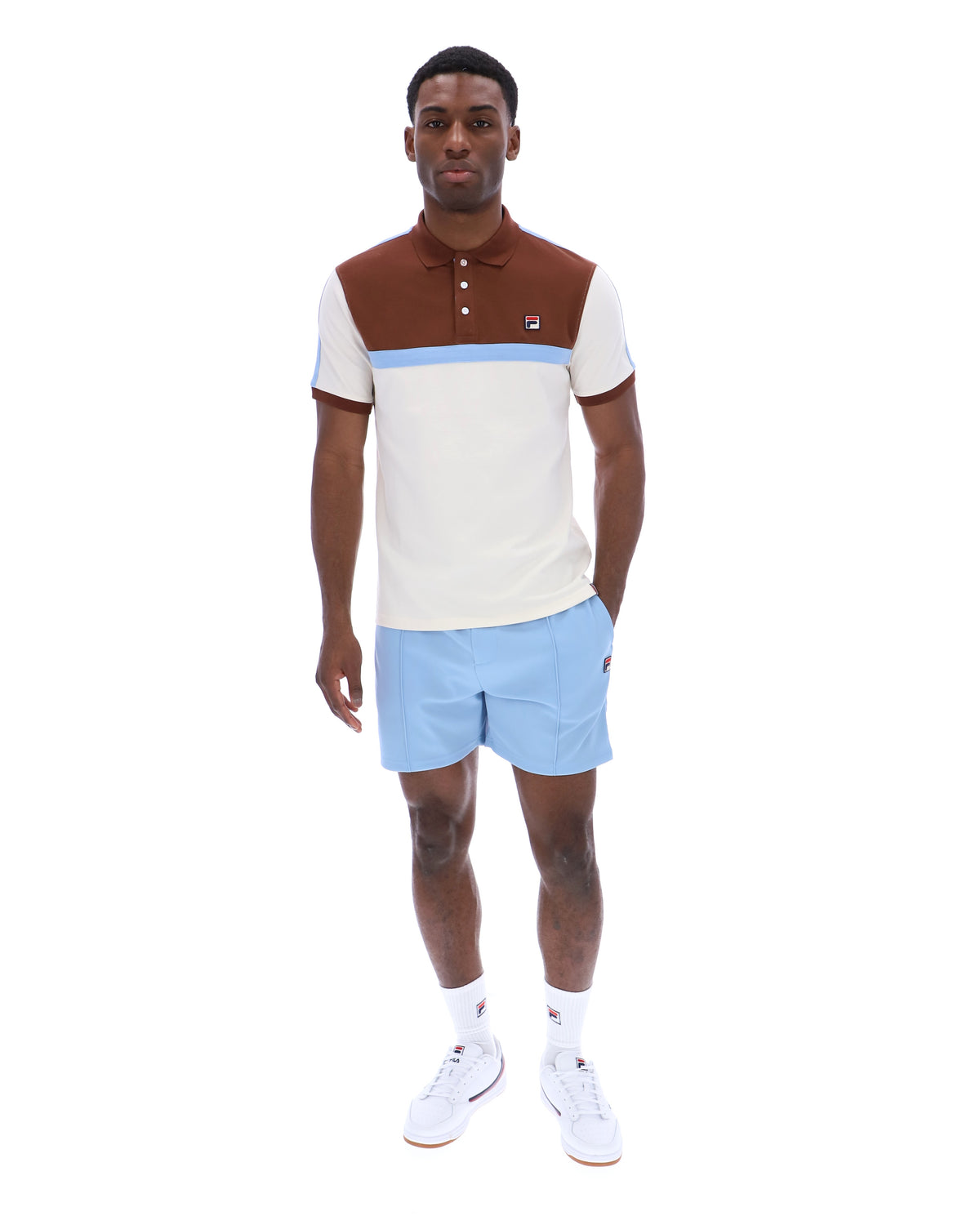 Displays a model wearing the Gardenia Mattia 'FILA' branded Contrast Panel Polo Shirt