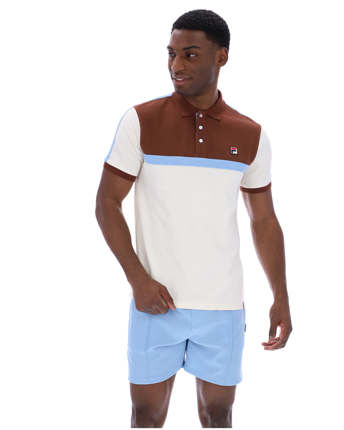 Displays a model wearing the Gardenia Mattia 'FILA' branded Contrast Panel Polo Shirt