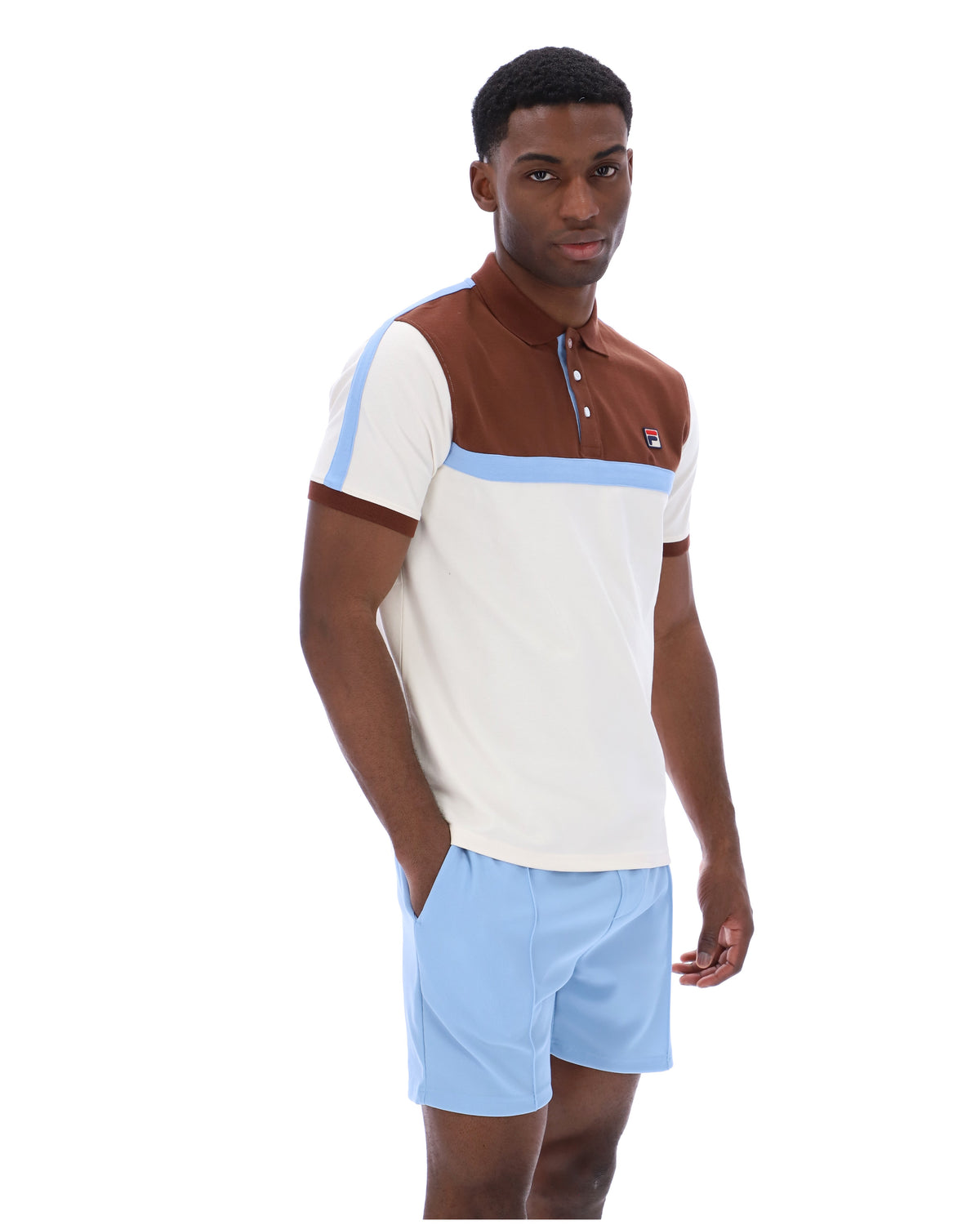 Displays a model wearing the Gardenia Mattia 'FILA' branded Contrast Panel Polo Shirt