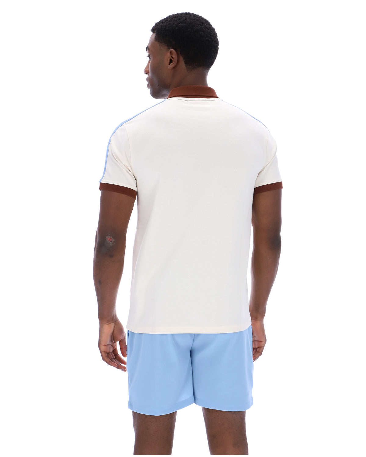 Displays a model wearing the Gardenia Mattia 'FILA' branded Contrast Panel Polo Shirt