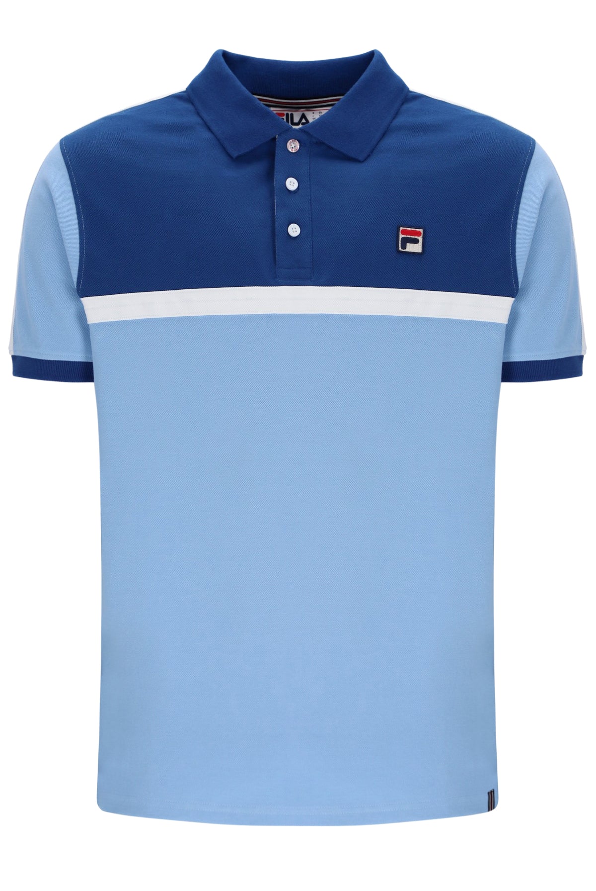 Displays the Frozen Fjord 'FILA' branded Mattia Contrast Panel Polo Shirt