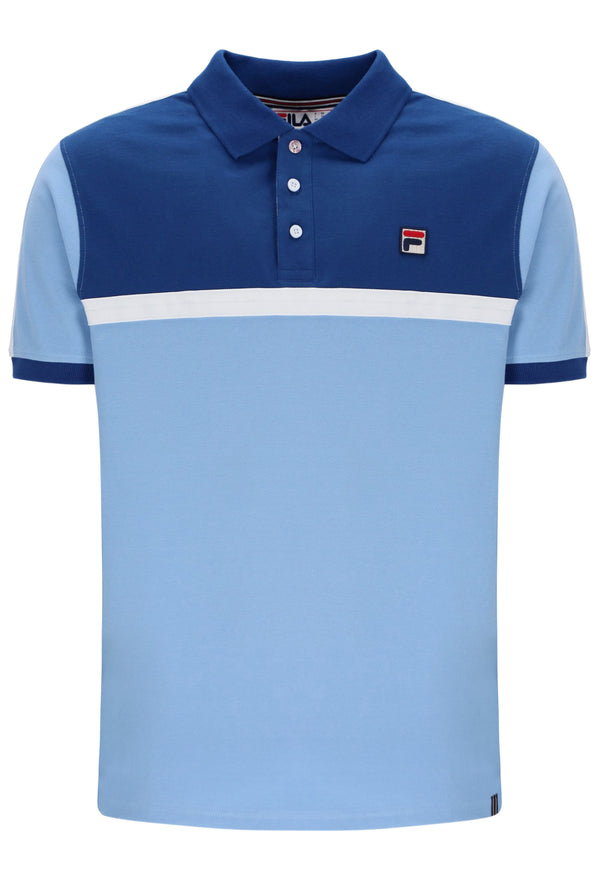 Displays the Frozen Fjord 'FILA' branded Mattia Contrast Panel Polo Shirt