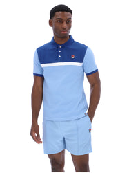 Displays a model wearing the Frozen Fjord 'FILA' branded Mattia Contrast Panel Polo Shirt