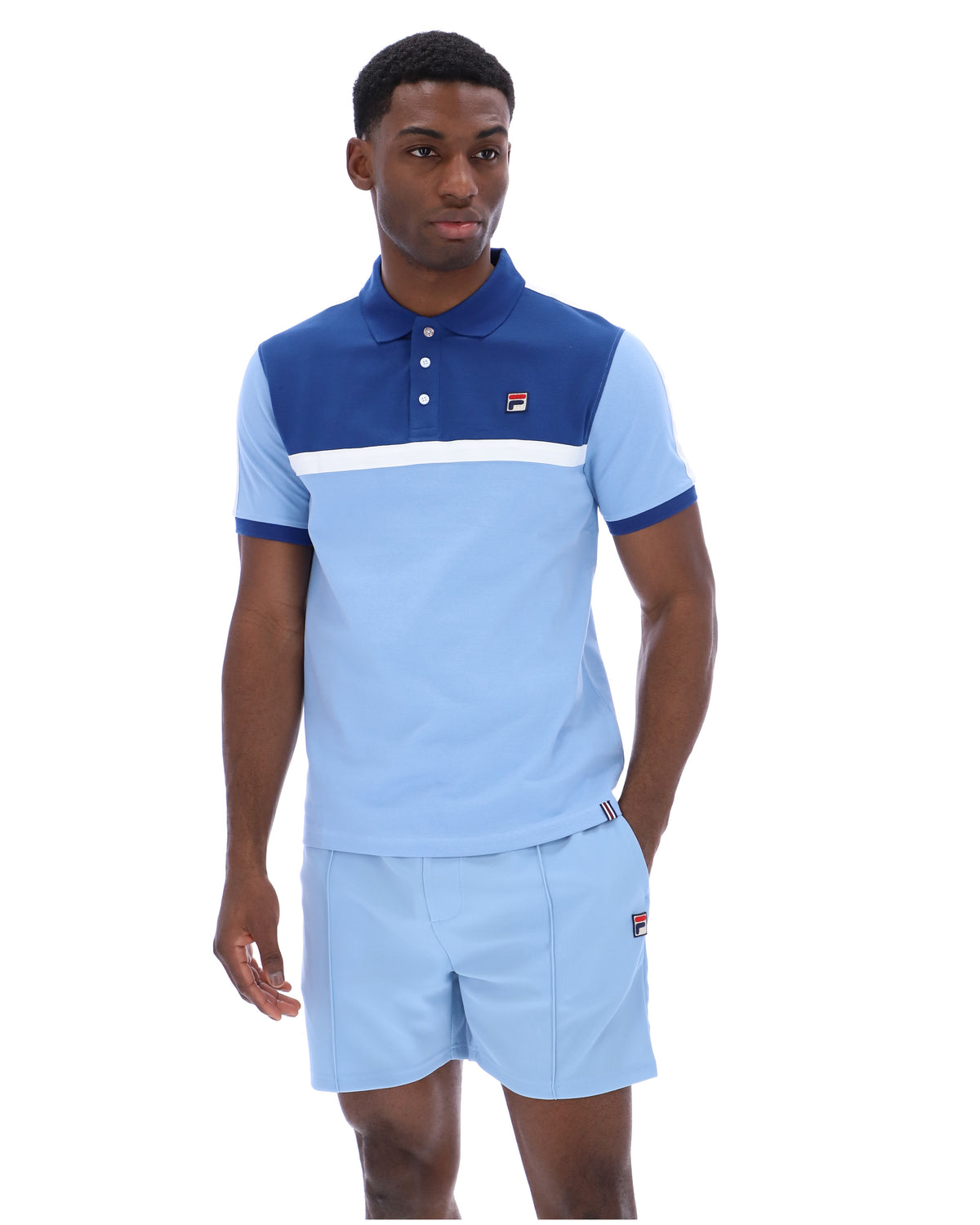 Displays a model wearing the Frozen Fjord 'FILA' branded Mattia Contrast Panel Polo Shirt